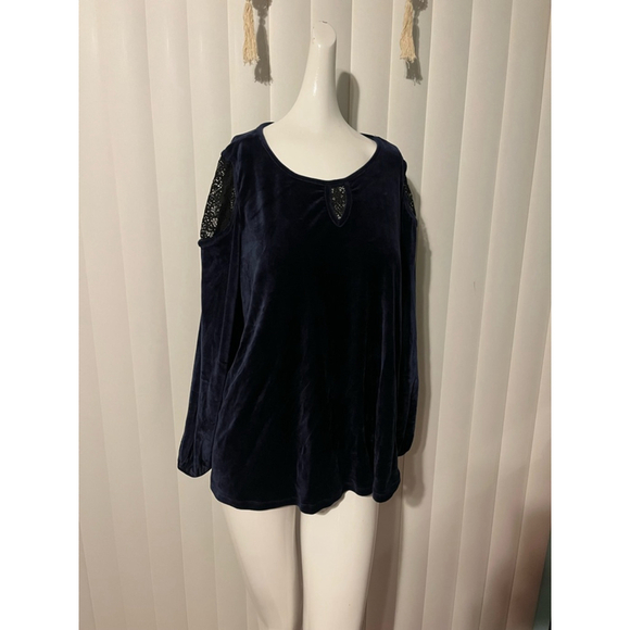 Women's Vintage America Blues Top Size L Blue Velvet Long Sleeve - Picture 2 of 3